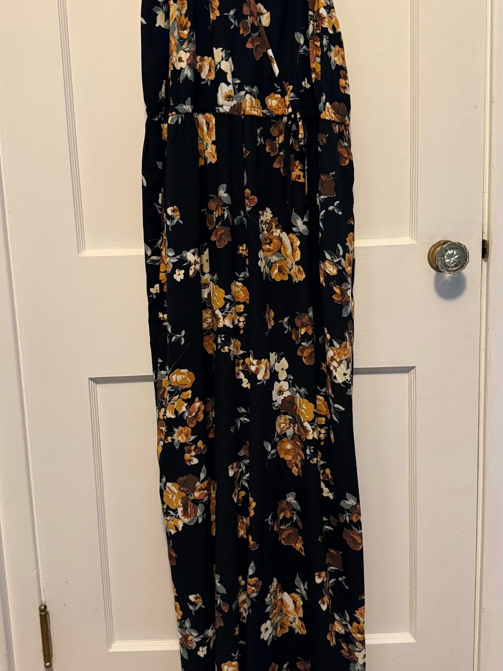 Black Floral wide leg jumpsuit with Mustard & Brown Blooms